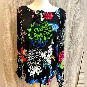 DESIGUAL Black & Floral Print Designer Blouse Longsleeve Flowy Top. Size M
